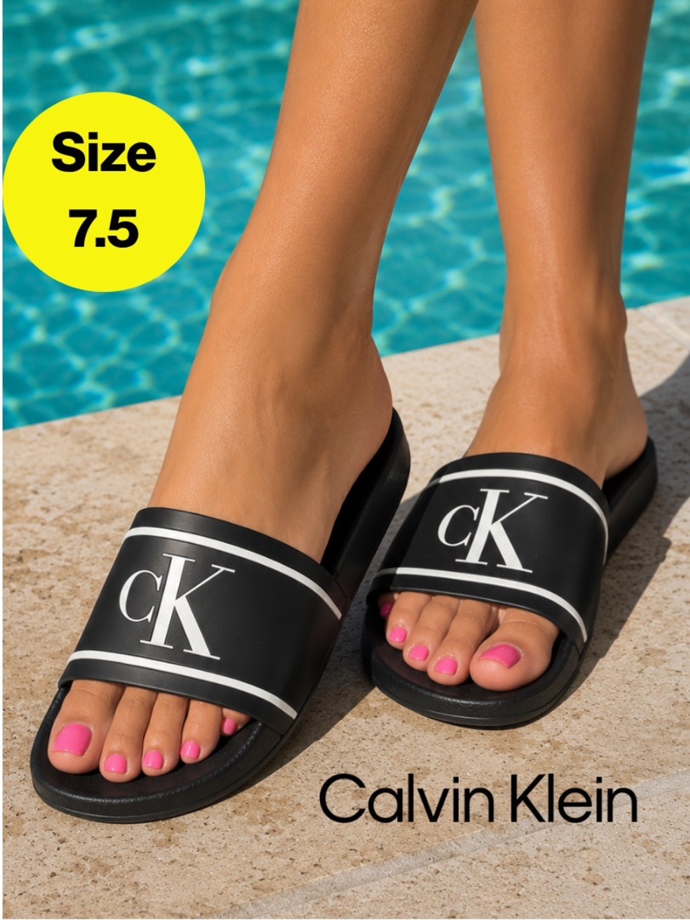 CALVIN KLEIN 🖤 Black & White Logo Pool Beach Casual Slides (Womens Size 7.5)